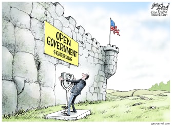 Political cartoon - citizen using binoculars to looks at brick wall that is "open government"