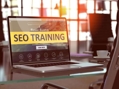 SEO - Search Engine Optimization - Training Concept. Closeup Landing Page on Laptop Screen  on background of Comfortable Working Place in Modern Office. Blurred, Toned Image. 3d Render.