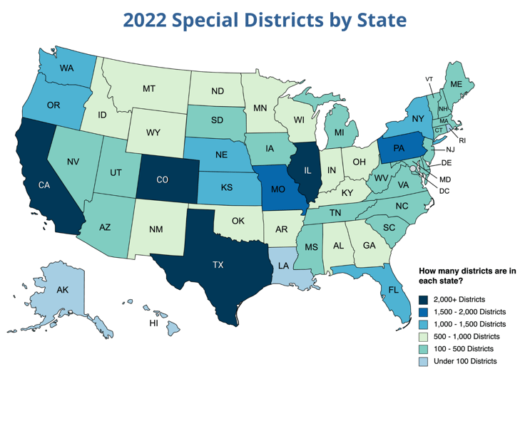 map of U.S. special districts by state, and number of districts in each state