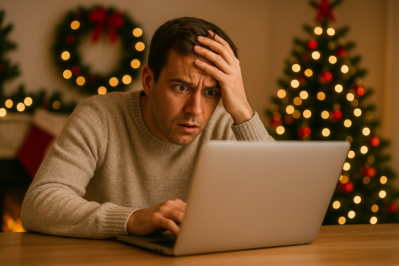 a worried man at a laptop during christmas