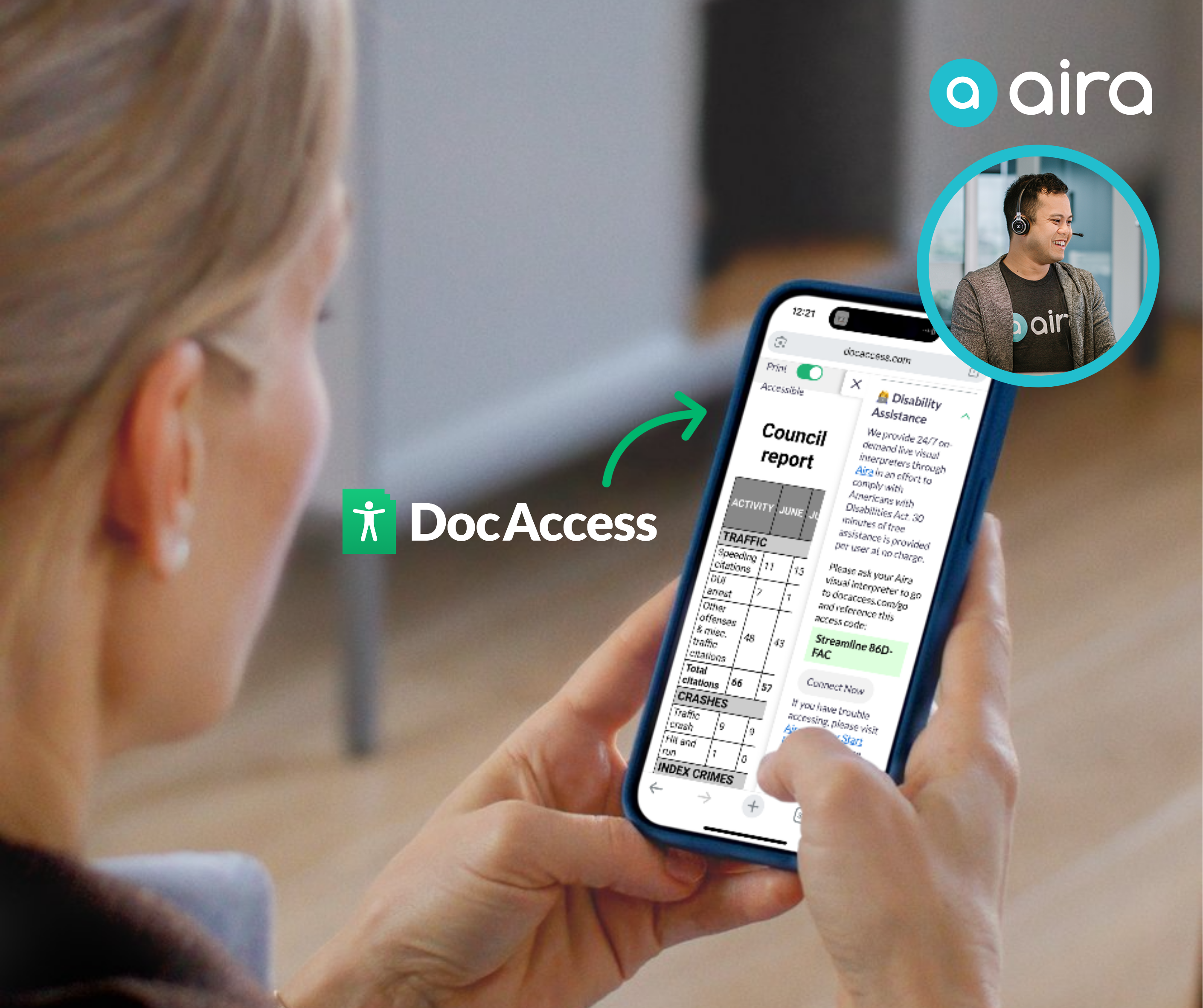 Women looking at DOcAccess document on her phone, with DocAccess logo and Aira logo with Aira bubble image with a smiling man using a headset